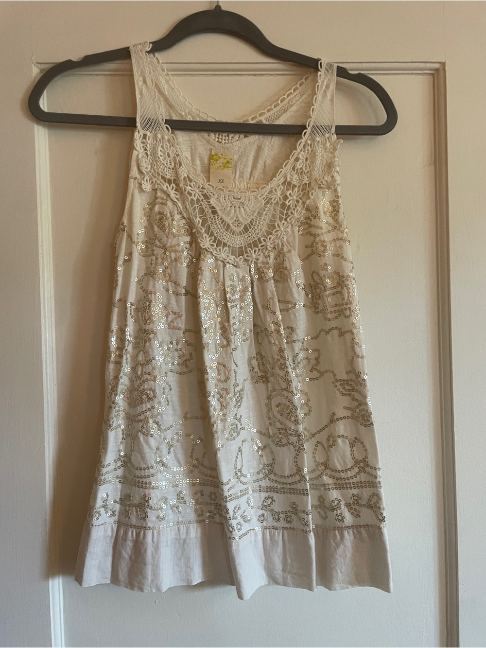 Anthropologie Cream Beaded Lace-Trim Tank Top